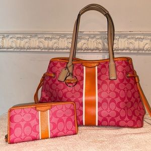 Coach pocketbook and wallet. Pink with orange signature pattern and tan straps